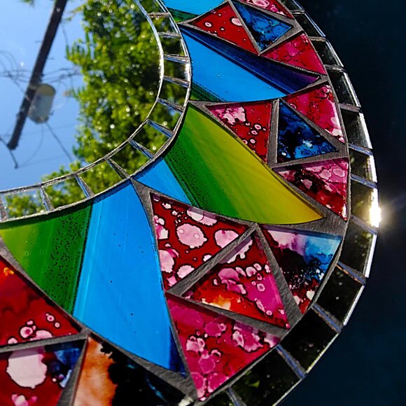 Inlaid Multi Colored Stained Glass Mosaic Handmade Round Wall Mirror - Picture 9 of 11